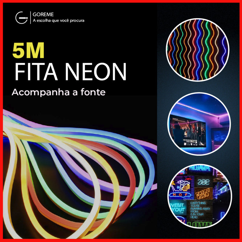 Fita de LED Mangueira Neon 5 Metros IP65 Flexível Com ou Sem Fonte | 8 Cores