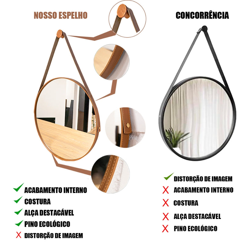 Espelho Adnet Couro Costurado Com Alça + Suporte 60cm 50cm 40cm 30cm Sala Quarto Banheiro Redondo