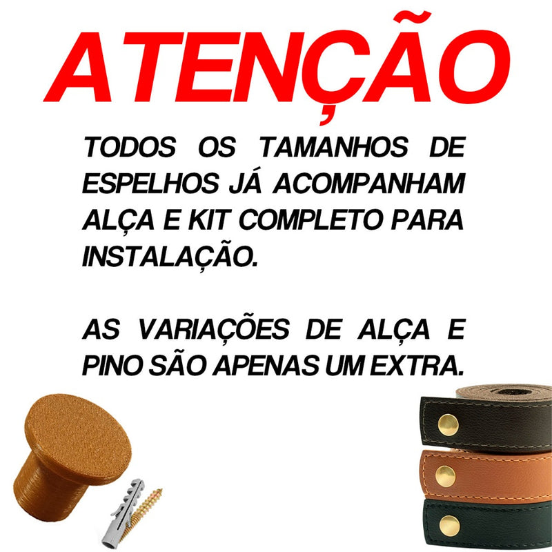 Espelho Adnet Couro Costurado Com Alça + Suporte 60cm 50cm 40cm 30cm Sala Quarto Banheiro Redondo